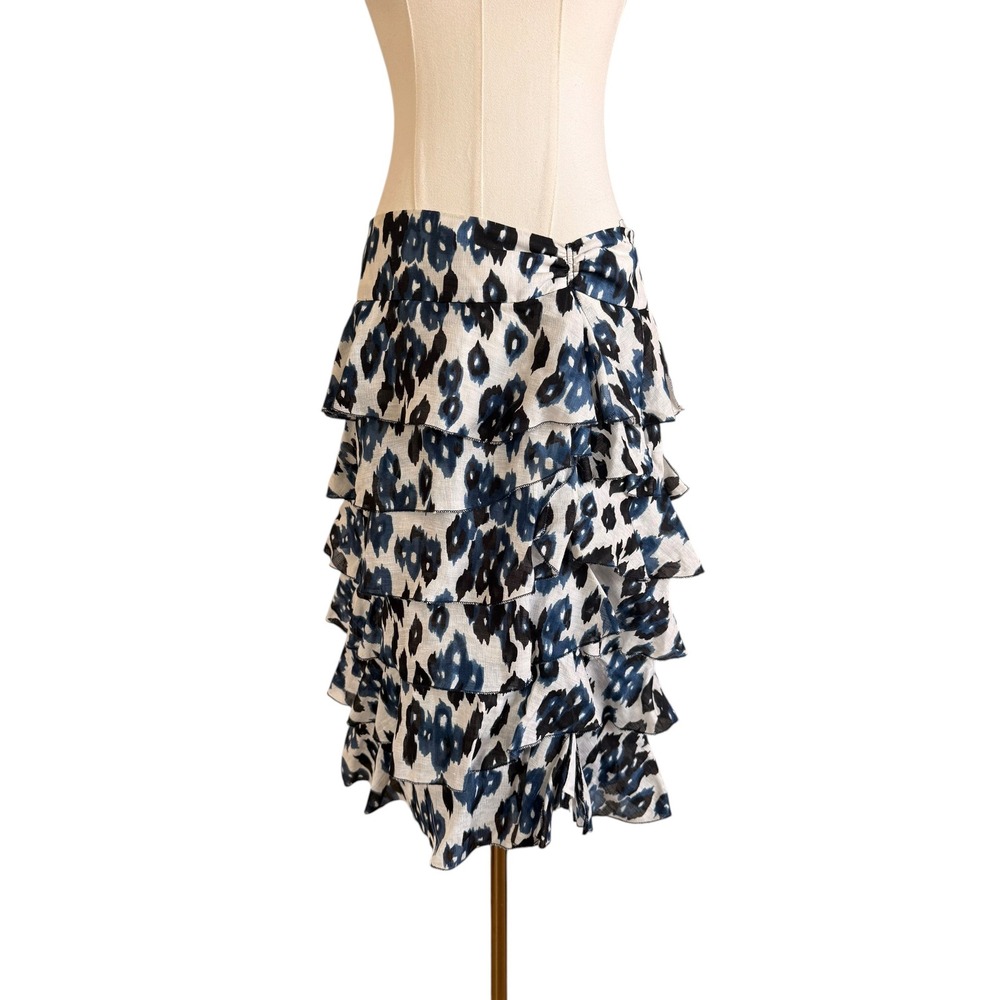Worth New York Linen Silk Tiered Ruffle Skirt Blue Ikat Leopard Print Size 6